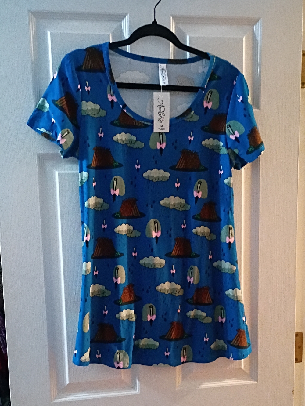 Ambrie Blue Scoop Neck Tunic with Volcano & Cloud Motif Eeyore Print